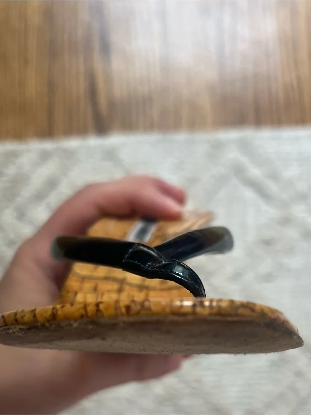 Manolo Blahnik vintage corkblock pattern navy flip flop wedges, size 38.5